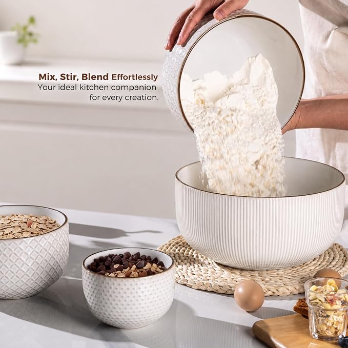 GBhome Ceramic Mixing Bowls Set of 4, Stoneware Nesting Serving Bowls | 150/105/45/20 oz For Prep, Baking, Serving, Gift, Microwave and Dishwasher Safe, Embossed Dishware Collection-Off White