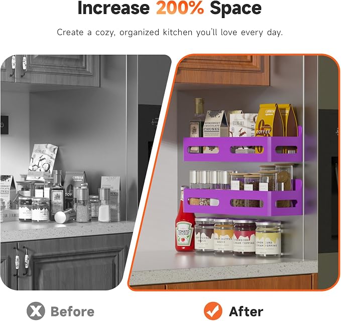 4-Pack Magnetic Spice Rack for Refrigerator with Hooks, Purple | Strong multipurpose magnetic shelf for kitchen & bathroom organization. Includes 4 removable hooks for hanging items.