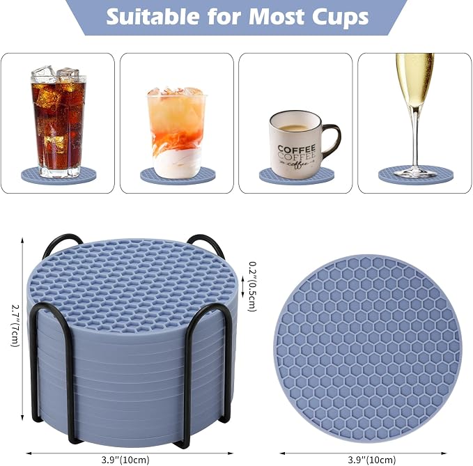 TWTLi Silicone Coasters Set of 12 with Holder — Non-Slip Drink Coasters for Coffee Table, Home Bar & Kitchen, Protects Wood & Marble Surfaces from Water Rings, Dishwasher Safe (Blue)