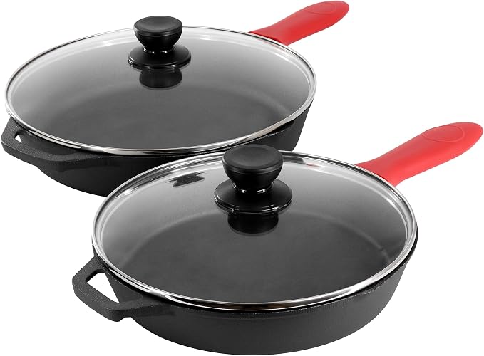 MegaChef 13 Piece Pre-Seasoned Cast Iron Skillet Set with Temperd Glass Lids and Silicone Holders