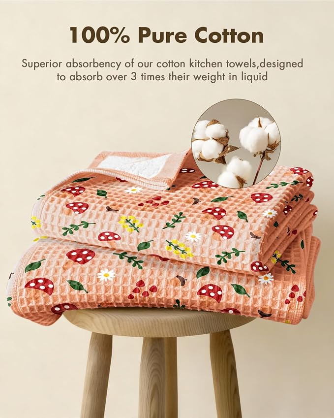 370GSM Cotton Waffle Kitchen Towels, Mushroom | Pure Cotton, Sustainable, Waffle Weave, Terry Cloth, Highly Absorbent, Decorative, 16"x25", with Hanging Loop