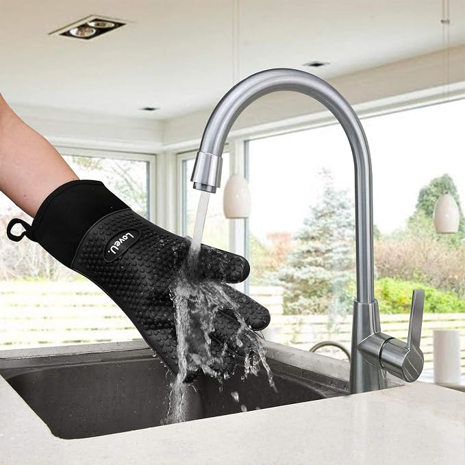 Silicone Oven Mitts Gloves - Heat Resistant, Non-Slip for BBQ, Grilling | 450°F Double-Layer｜Waterproof Kitchen Cooking Barbecue Mittens ｜5 Finger Hot Mitt for Baking, Smoker& Cast Iron(Small)
