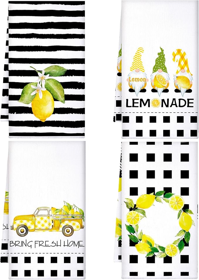 4 Pcs Lemon Kitchen Towels, Absorbent Quick Dry Tea Towels Gifts | Lemonade Gnome Black White Striped Decorative Dishcloths with Hanging Loop, Farmhouse Summer Kitchen Decor Housewarming Gift