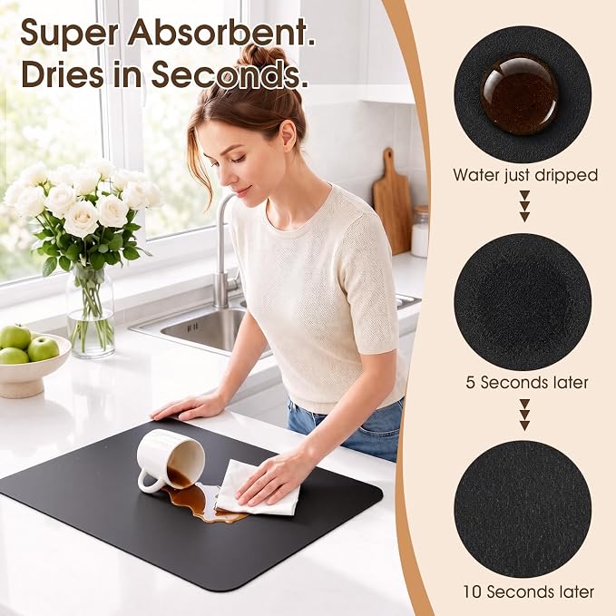 Coffee Mat Super Absorbent Dish Drying Mat Coffee Bar Mat 12"x 19", Black | Match with Coffee Machine Accessories Large Drying Mats for Kitchen Counter