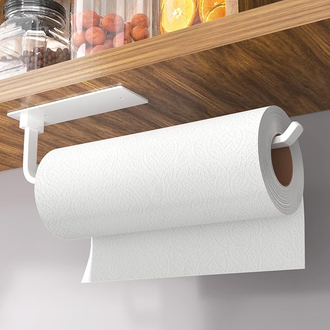 Paper Towel Holder Under Cabinet, Self-Adhesive or Drilling, White | Kitchen Roll Dispenser | Under-Cabinet or Wall-Mounted | Upgraded Aluminum | Lighter Yet Stronger Than Stainless Steel