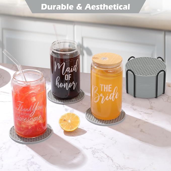 TWTLi Silicone Coasters Set of 6 with Holder — Non-Slip Drink Coasters for Coffee Table, Home Bar & Kitchen, Protects Wood & Marble Surfaces from Water Rings, Dishwasher Safe (Gray)