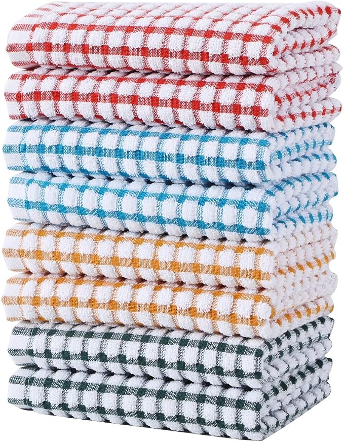 Cotton Kitchen Towels 8 Pack, 15x26 Checkered Dish Towels | Highly absorbent terry cloth towels for drying dishes, wiping spills, and kitchen cleaning. Machine washable and quick dry