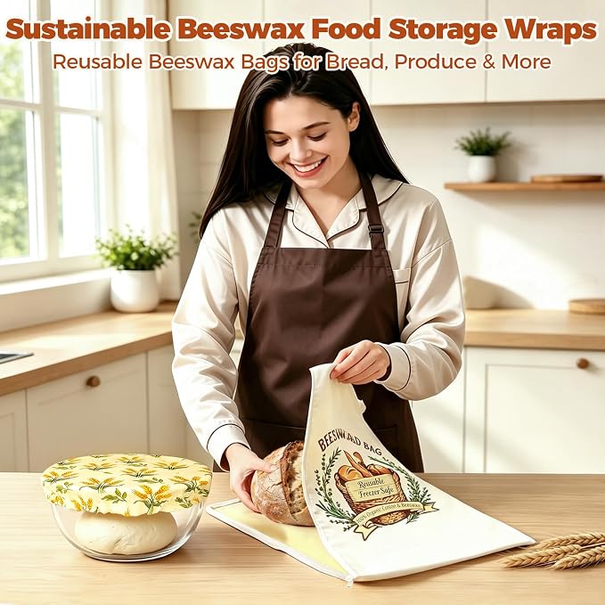 Beeswax Zipper Bread Bags XL Reusable 2 Packs With 1 Cover & 6 Paper Tags | Beeswax Bread Bags with Zipper Seal – Extra Large 13"x17", Reusable, Breathable Cotton Linen Sourdough Bags