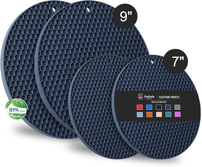 4 Pack Silicone Trivet for Hot Dishes | Heat Resistant Silicone Pot Holders for Kitchen Countertops, Hot Dishes, Jar Opener, Spoon Holder, Easy to Wash, Navy