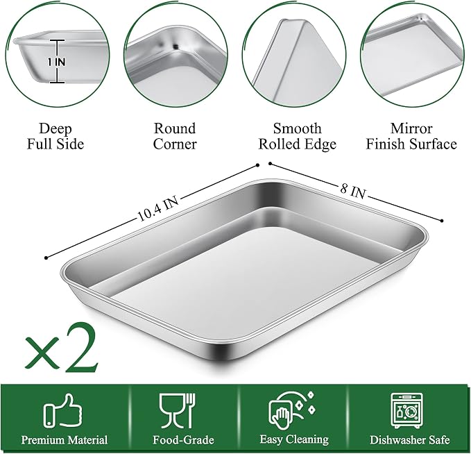 P&P CHEF 10.4 Inch Toaster Oven Pan Tray with Wire Rack, 4 PCS | Baking Sheet Pan + Cooling Rack for Cooking/Roasting, Dishwasher Safe & Rust Free, Non-toxic & Sturdy