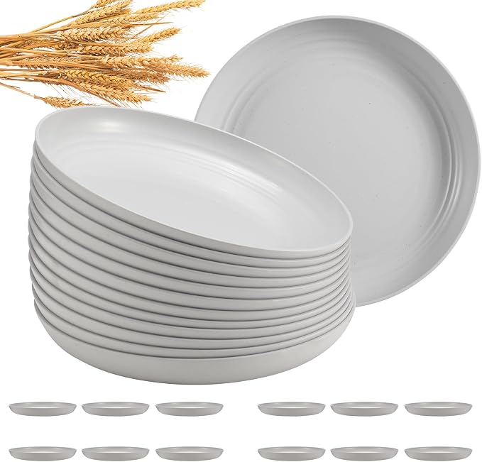 HEYCOME 12 Pcs Unbreakable Deep Dinner Plates Set, 10 inch Reusable Plastic Wheat Straw Plates, Microwave and Dishwasher Safe Plate for Kitchen, Lightweight Plate for Dessert, BPA Free, White Gray