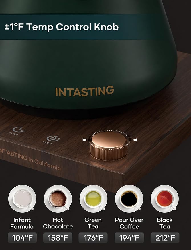 INTASTING Gooseneck Electric Kettle with 1℉ Temperature Control, 0.9 Liter | Fast Heating, Stainless Steel Interior, for Pour Over Coffee, Tea & Boiling Water, Keep Warm, Auto Shut-Off, Hunter Green