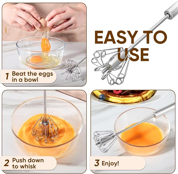 Whizzy Whisk, Stainless Steel Egg Whisk, Hand Push Rotary Whisk Blender, Versatile Milk Frother, Hand Push Mixer Stirrer for Blending, Whisking, Beating & Stirring (12in)
