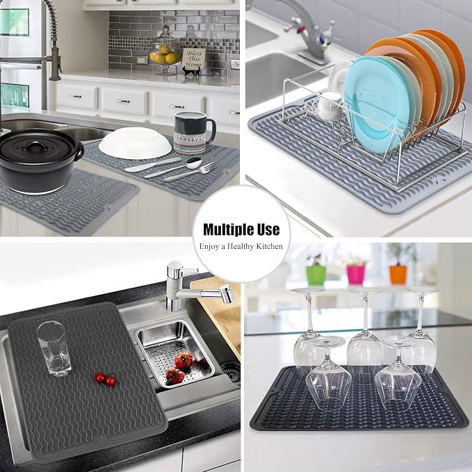 Silicone Dish Drying Mat, Non-Slip Easy Clean Sink Mat, Yellow, 18" x 16" | Quick-Dry Ridges, Large Heat-resistant Dish Drainer Mat for Kitchen Counter, Hangable & Roll-Up for Storage, Dishwasher Safe