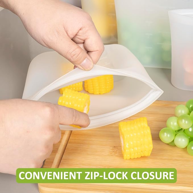 100% Silicone Reusable Storage Bag, 9 Pack Stand-Up Wide-Mouth Zip-Lock Food Storage Bags, Easy-Fill Easy-Open Easy-Clean Space-Saving, Microwave & Dishwasher Safe, 3 M/3 S/3 XS, Translucent