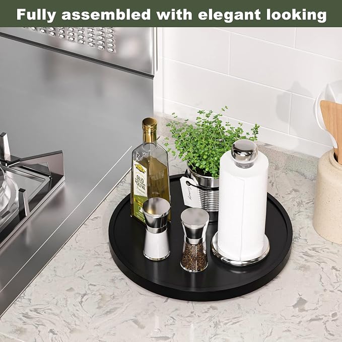Lazy Susan for Table, 12 Inch Non-Skid Bamboo Turntable Organizer | Salt Pepper Spices and Olive Oil Next to Stove, Wooden Rotating Tray for Kitchen Countertop Organizer, Black