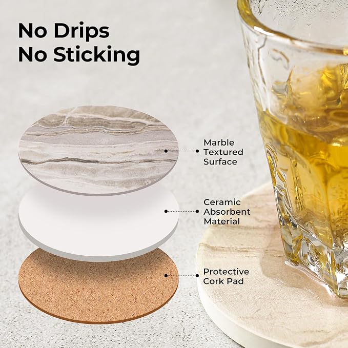 LIFVER Absorbent Coaster Sets of 4, Drink Coasters with Holder, Marble Style Ceramic Drink Coaster for Tabletop Protection, Suitable for Kinds of Cups, Wooden Table, Cool Home Decor, 4 Inches