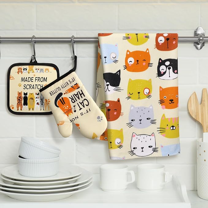 Jingmore 6 Pcs Kitchen Decor Set Accessorie Farmhouse Kitchen Towels Pot Holders Oven Mitts Set 2 Dish Towels 2 Pot Holders 2 Cooking Mittens Oven Glove for Cooking(Vivid Color,Cat)