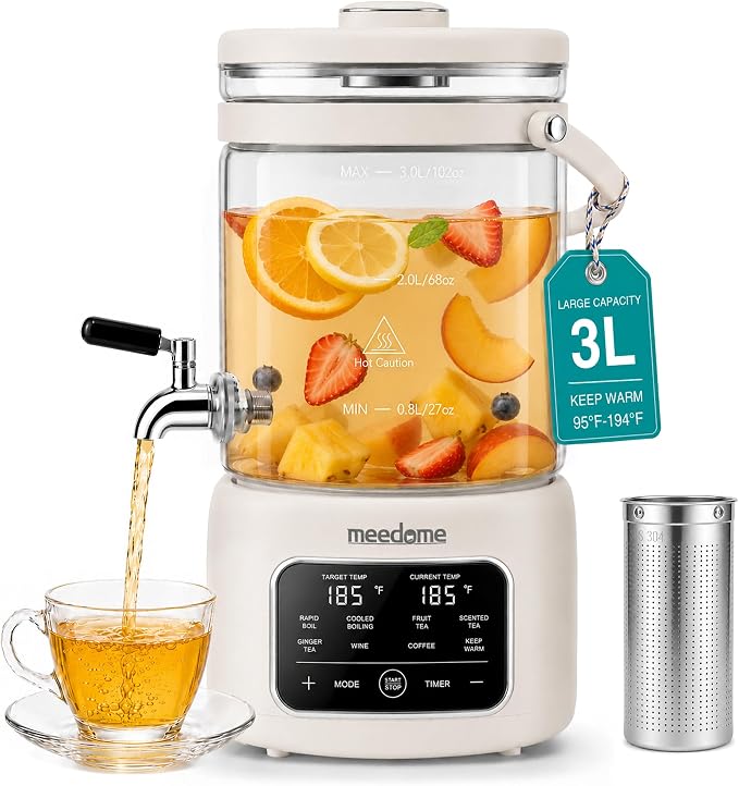 3L Electric Kettle & Beverage Dispenser with Infuser, Spigot - All-in-One Health Pot for Iced Tea/Coffee, Temperature Control, Glass Pitcher - Home & Office Use