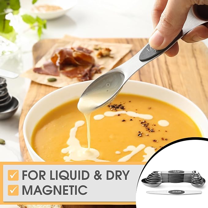 Spring Chef Stainless Steel Magnetic Measuring Spoons Set of 8, Gray | Stackable Metal Teaspoon & Tablespoon Measuring Spoons with Leveler for Dry & Liquid Ingredients, Dual Sided, Dishwasher Safe