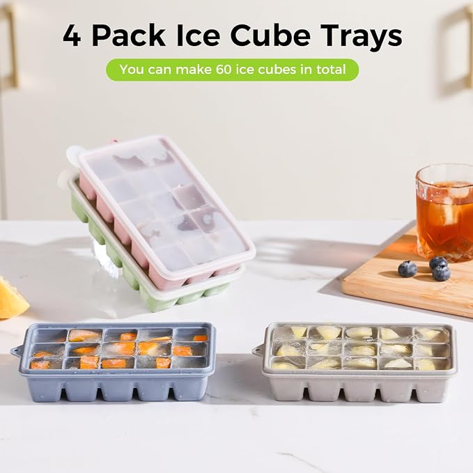 4-Pack Silicone Ice Cube Trays with Lid, Easy Release Ice Cube Molds, Reusable and Stackable Ice Trays for Freezer for Cocktail, Whiskey, Baby Food, BPA Free (Multicolour)
