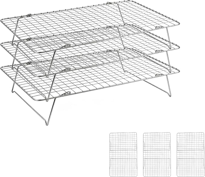 Cooling Rack 16"x10", 3-Tier Stackable & Collapsible Cooling Racks | Cooling Racks for Cooking and Baking, Roasting, Grilling, Oven & Dishwasher Safe (Silver, 3-Tier)