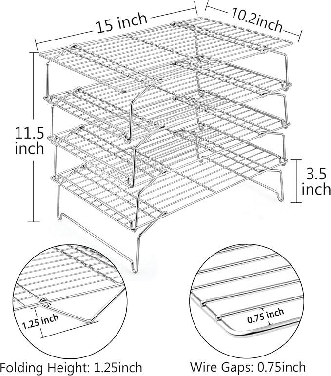 TeamFar Cooling Rack, 4-Tier Stainless Steel Wire Rack | for Baking Roasting, Healthy & Heavy Duty, Dishwasher Safe, Stackable & Collapsible, Firmly Weld & Smooth Surface, 15"x10"