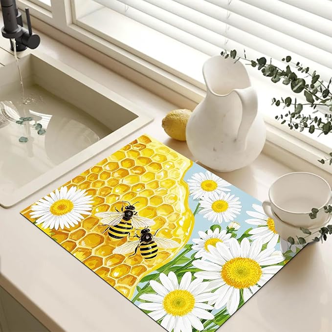 HOMETITUTE Honey Bee Stove Top Cover 28x20 Daisy Honeycomb Mat