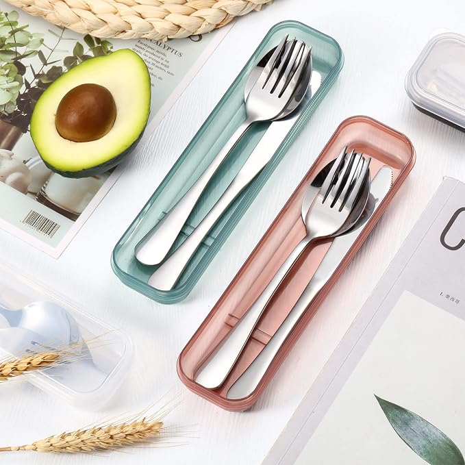 4 Pack Travel Silverware Set with Case for Lunch,Clear | Reusable Utensils with Case, Portable Flatware, Camping Cutlery, Fork Spoon Knife, for Work School, Dishwasher Safe