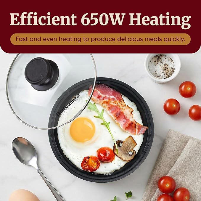 Elite Gourmet EGL-6101 Stir Fry Griddle Pan, 650W Non-Stick Skillet, Red | Rapid Heat-Up, Tempered Glass Lid for Easy Monitoring, Compact Personal-Size, Ideal for Pancakes & Eggs