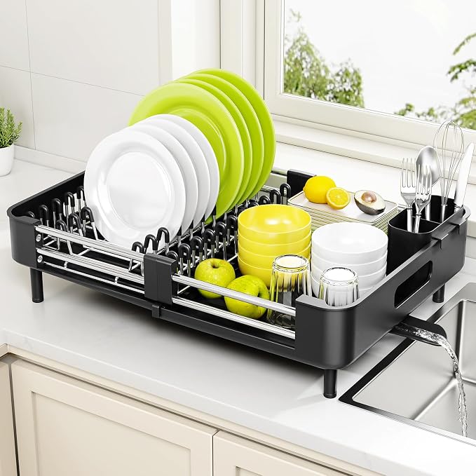 Urackify Extendable Stainless Dish Drying Rack for Kitchen Counter, Black | 13.78"W x 18.7"L, Foldable Drainboard for Space Saving, Knife and Utensil Holder, Fast-draining Spout