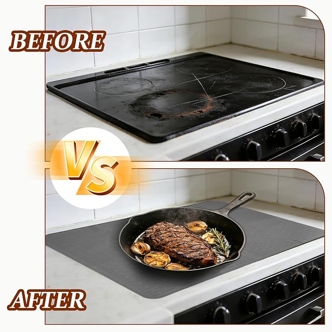 PATIKIL 28 x 20 Inch Stove Top Cover for Electric Stove, 1Pcs Silicone Stripe Mat for Glass Top Cover Non-Slip Glass Cooktop Protector for Kitchen Oven Dish Drying Mat, Light Gray