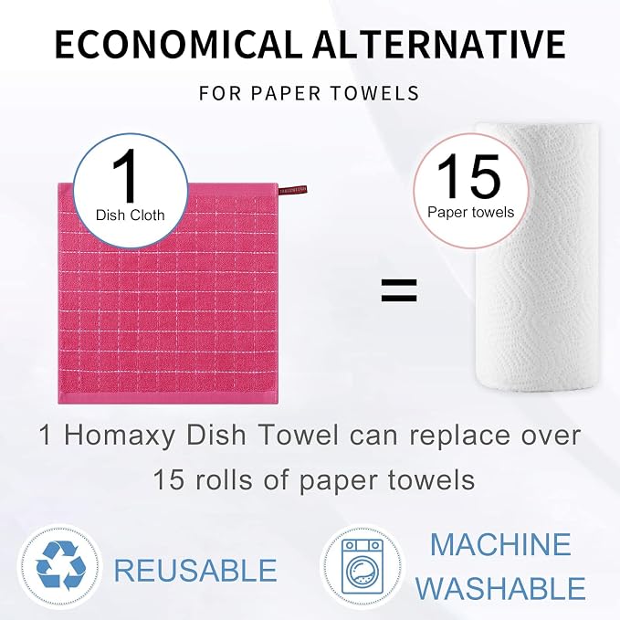 Homaxy 100% Cotton Terry Kitchen Towels, 12 Pack, Rose Red | Ultra Soft and Absorbent, Suitable for Drying and Washing Dishes