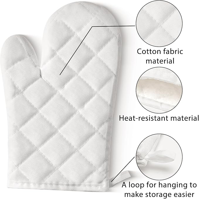6Pcs Cotton Oven Mitts and Pot Holders Set Heat Resistant Hot Pads Machine Washable BBQ Gloves with Hanging Loop Durable Pocket Pot Holder for Kitchen Baking Grilling Cooking White