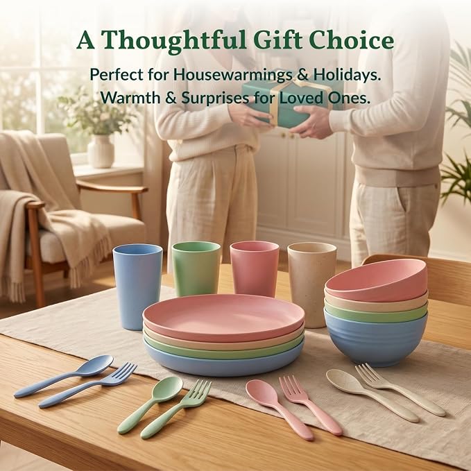 Wheat Straw Dinnerware Sets 20 PCS Cups and Plates Sets for Kitchen Microwave and Dishwasher Safe Plate Set Unbreakable Camping Dish Set Kids Plates and Bowls Sets for Picnic, RV (Multilight)