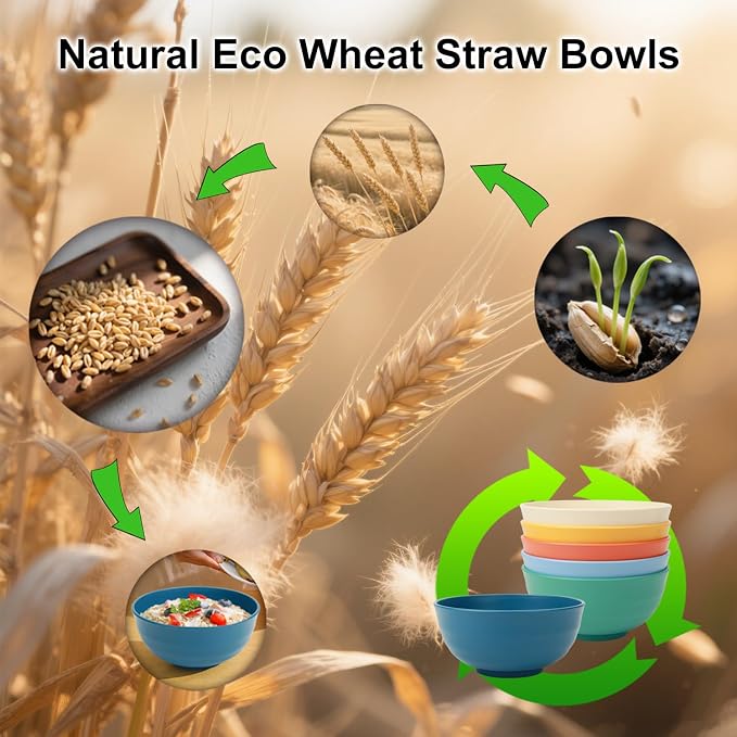 Large Cereal Bowls Set of 6, Unbreakable Wheat Straw Bowls 60oz, Microwavable Bowls for Popcorn,Soup,Dinner, Reusable Plastic Big Bowls for Picnic,Kitchen- Vibrant Series