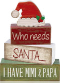 Lineshading 4 Pcs Christmas Wooden Signs Santa Hat Tiered Tray Decor | Farmhouse Style Distressed Wood, For Mantel Shelf Desk Holiday Decor, Grandparents Mimi Papa Themed Christmas Gift
