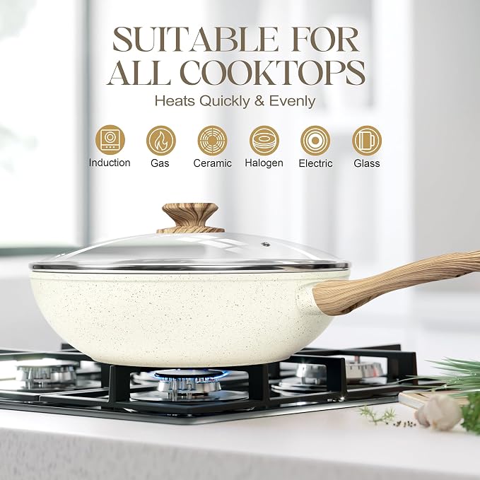 MICHELANGELO 12 Inch Wok Pan with Lid - Woks & Stir-Fry Pans Nonstick Wok with Lid, Stir Fry Pan with Cool-Touch Handle, Induction Wok Set with Stainless Steamer & Fryer Basket