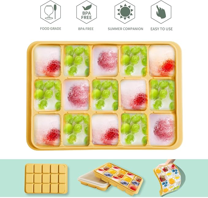 Tvmania Ice Cube Trays Set of 2, 15-Cube Silicone Molds with Removable Lids | Stackable, easy release, BPA-free, reusable, for freezer and whiskey