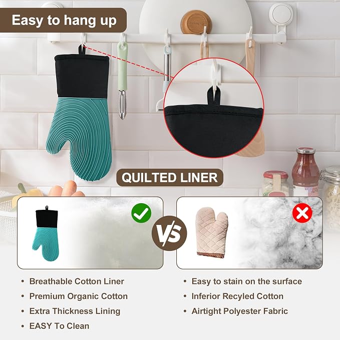 Silicone Oven Mitts-13.6 in Extended Oven Mitts Heat Resistant 500F, Oven Gloves with Soft Liner Good Grippy BPA-Free Easy to Clean Flexible-Oven Mits Set for Cooking Baking Grilling BBQ
