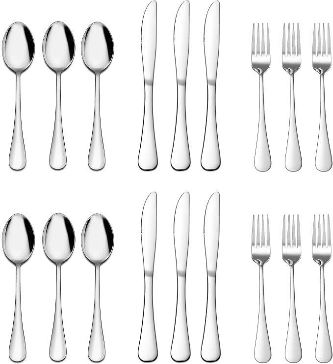 E-far Forks Spoons and Knives Set for 6, 18 Pieces Stainless Steel Silverware Set, Food Grade Flatware Cutlery Sets for Home Kitchen Restaurant, Mirror Finish, Dishwasher Safe