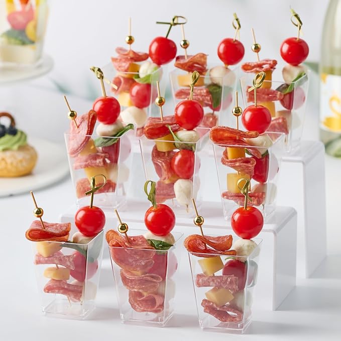 50 Sets 5 oz Plastic Charcuterie Cups with 100 Sticks, Square Appetizer Cups with Cocktail Picks Mini Party Serving Cups for Fruit, Snack, Dessert
