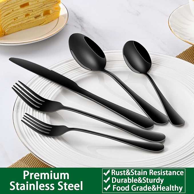 DEHOV 30 PCs Flatware Sets,Black Stainless Steel Silverware Sets Service For 6 Person,Durable Cutlery Sets For Home,Party,Restaurant,Tableware Cutlery Sets