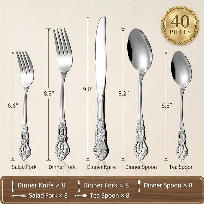Cididu 40 Pieces Retro Royal Silverware Set for 8, Stainless Steel Flatware Set, Dishwasher Safe Dinnerware Set Including Forks Spoons and Knives, Vintage Cutlery Set for Wedding, Party and Christmas