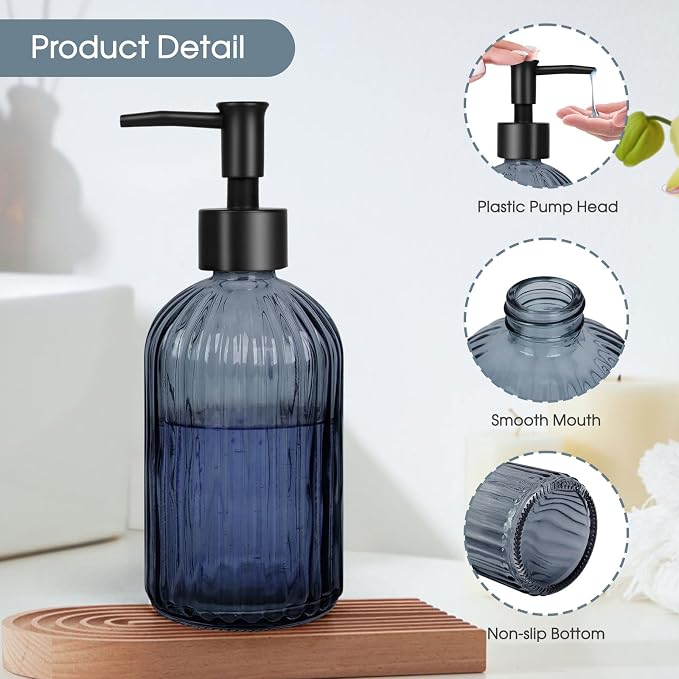 Topsky Stripe Glass Soap Dispenser with Black Plastic Pump, 400ml Liquid Hand Soap Dispenser, Rustproof Pump for Kitchen & Bathroom, Great for Lotions, Essential Oil, Liquid Soaps- (Grayish Blue)