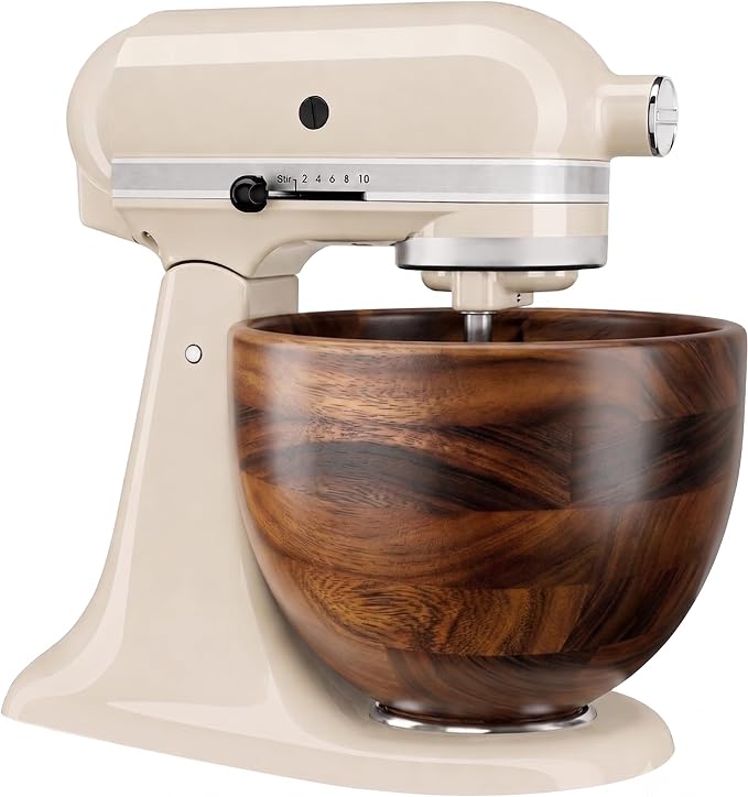 Premium Solid Walnut Wood Mixing Bowl, Compatible with KitchenAid 4.5 & 5 QT Tilt-Head Stand Mixer, Wooden Mixing Bowls for Mixer with Stainless Steel Locking Base, A Thoughtful Gift for Mixer Owners