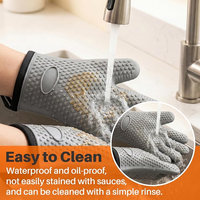 2Pack Heat Resistant Oven Mitts & Silicone Gloves with Fingers, Non-Slip Grip Food Grade Safety Mitts, Waterproof Kitchen Gloves for Cooking(Green)