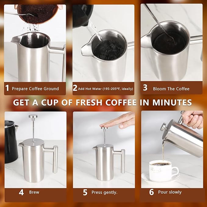 French Press 34 OZ, Durable Stainless Steel French Press Coffee Maker | Double-Wall Insulated Coffee Presses for Travel Camping Tea Everyday, Easy to Use, Dishwasher Safe