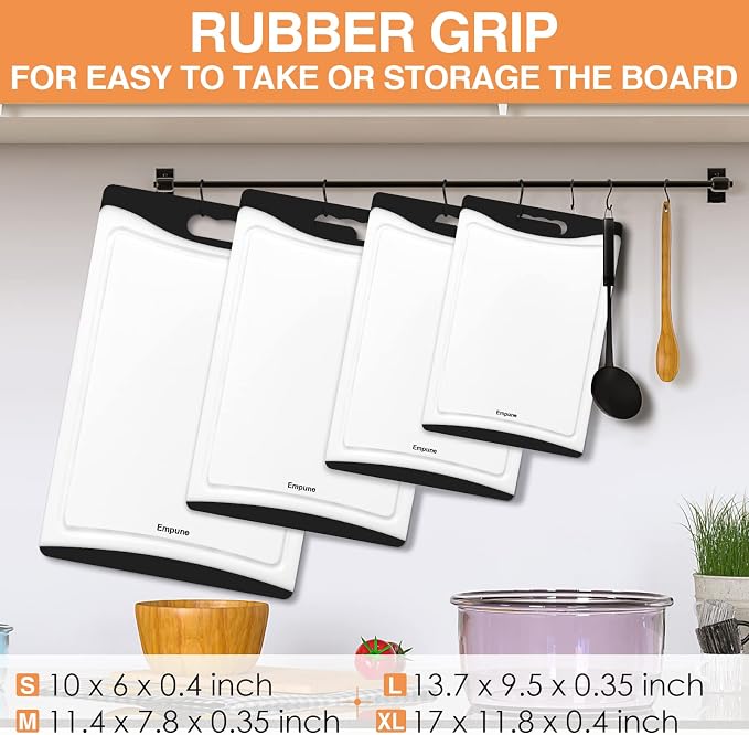 Empune BPA-Free Plastic Cutting Board for Kitchen with Juice Grooves, Extra Large Dishwasher Safe Cutting Boards Set of 4 with Handles, Thick Non-Slip Chopping Board for Meat, Fruit and Chicken, Black