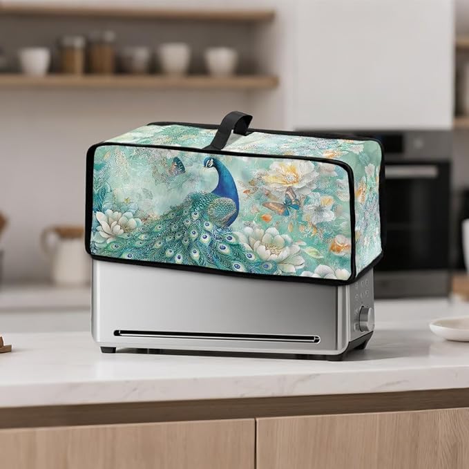 ZDCUSTOM Peacock Toaster Covers 2 Slice Wide Slot, Long Washable Turquoise Floral Toaster Cover Bread Maker Dust Fingerprint Protection Kitchen Appliance Protector